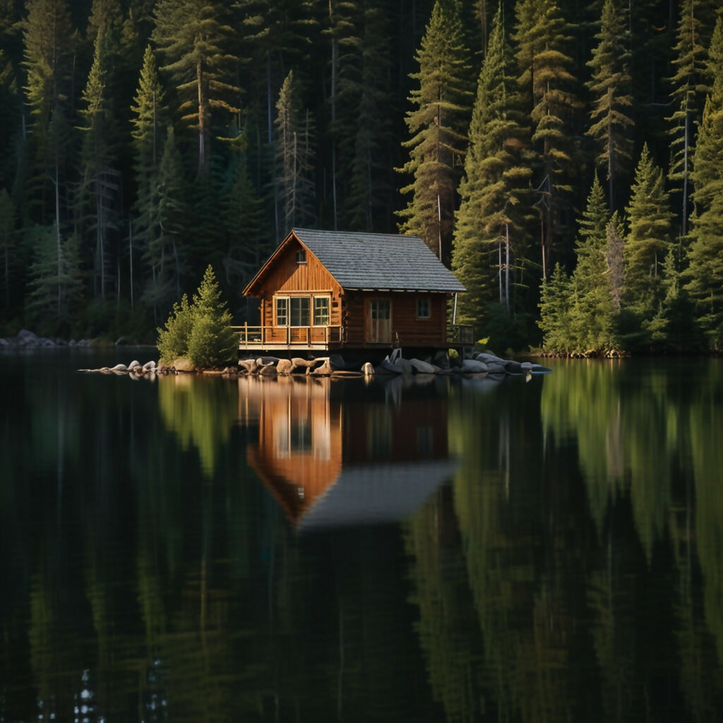 A peaceful lakeside cabin surrounded by pine trees and reflecting i...