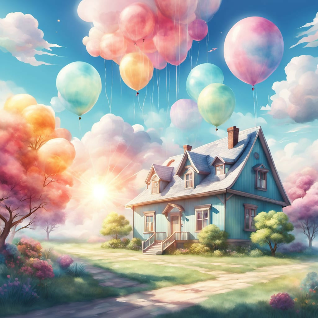 Balloon Daydream – Whimsical House Floating in Colorful Fantasy Sky