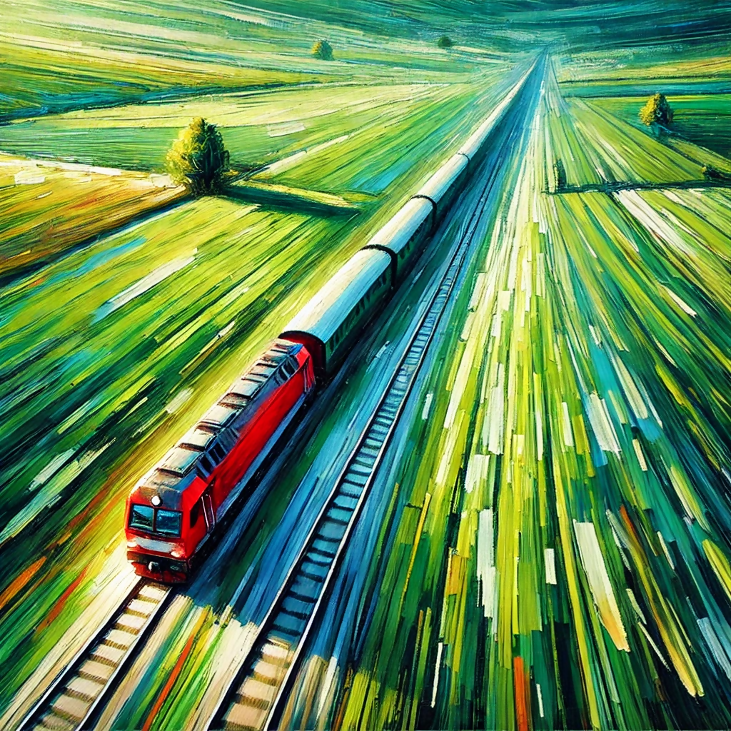 Speeding Through the Fields - The Red Train's Countryside Journey