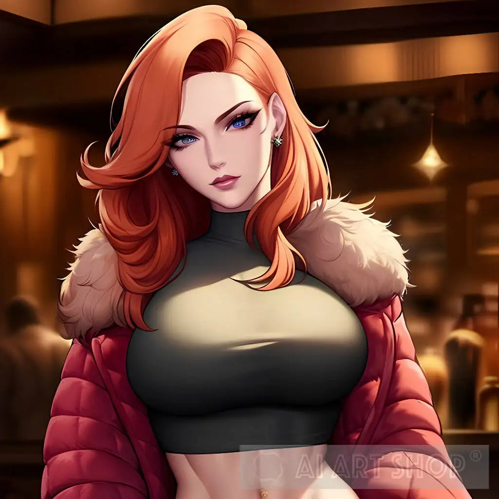 Stylish Ginger Woman in Bar: AI-Generated Anime Artwork