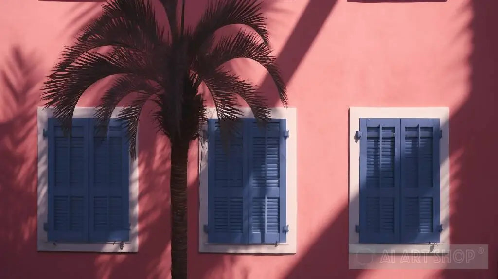 Pink Apartment building with blue shutters and a palm tree in a Car...