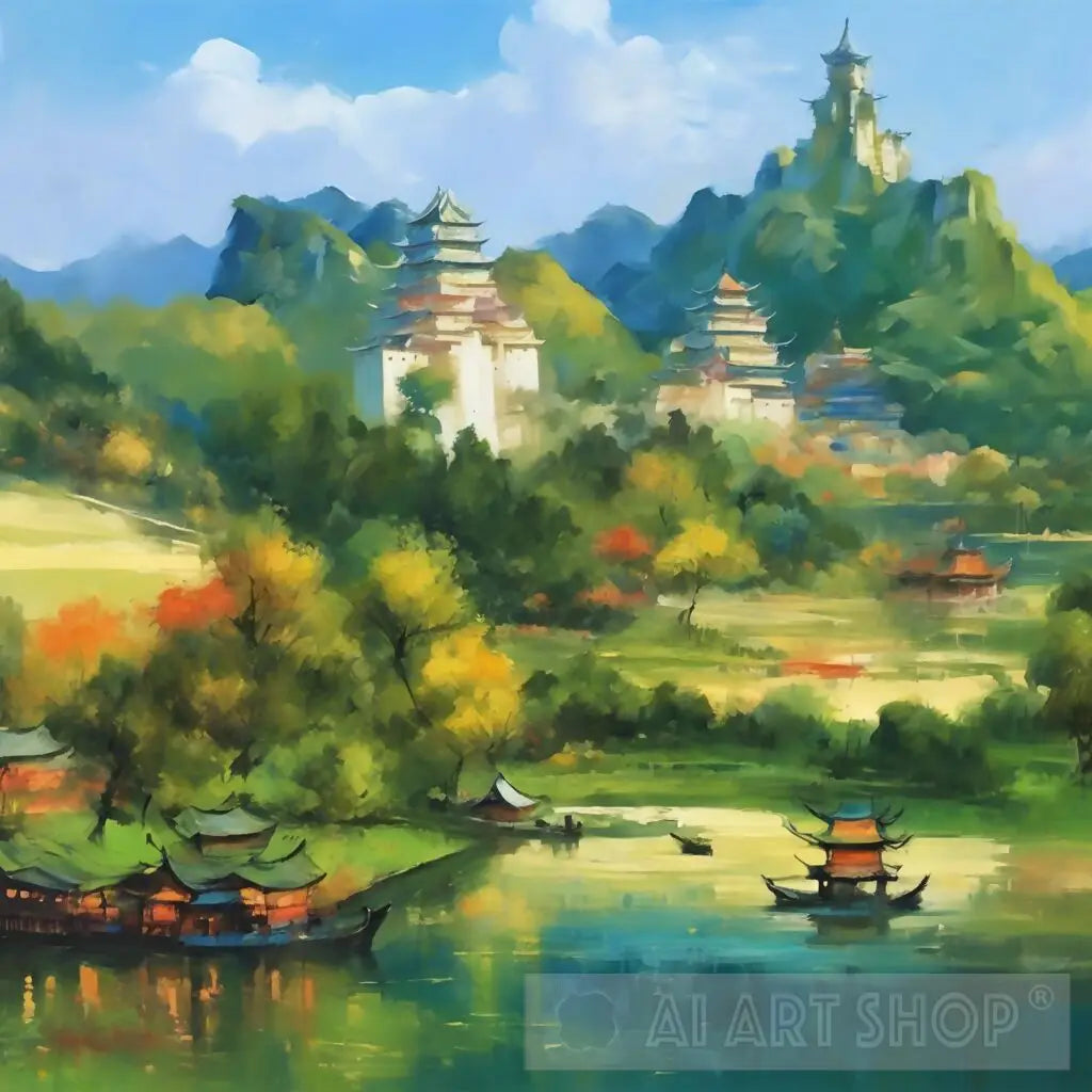 Castle Riverside Abstract Landscape Painting Scenic Tranquility