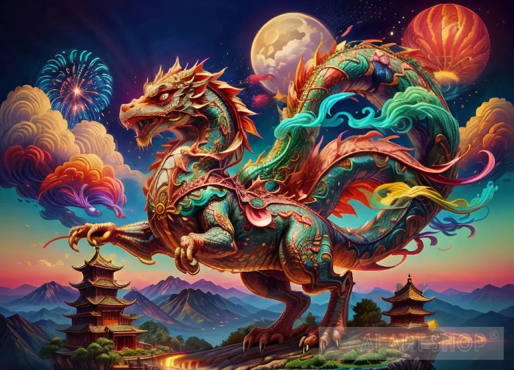 Chinese dragon, colorful, village, landscape, artwork Chinese dragon, colorful, village, landscape, artwork