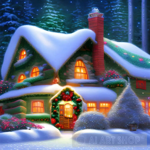 Cozy Christmas Cabin Landscape Ai Art