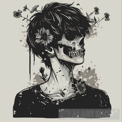 Dark Aesthetic Emo Boy Skull Flowers Ai Artwork