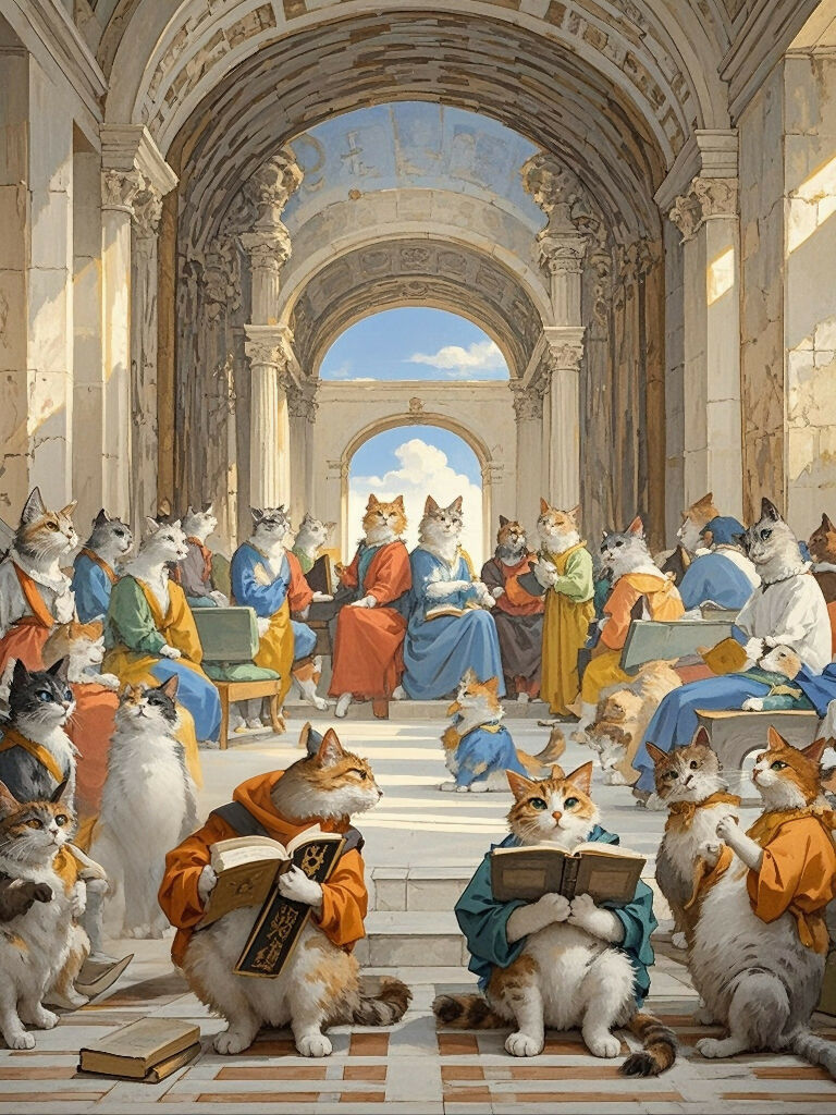 AI painting, Raphael parody, School of Athens cats, Meowment Studio...