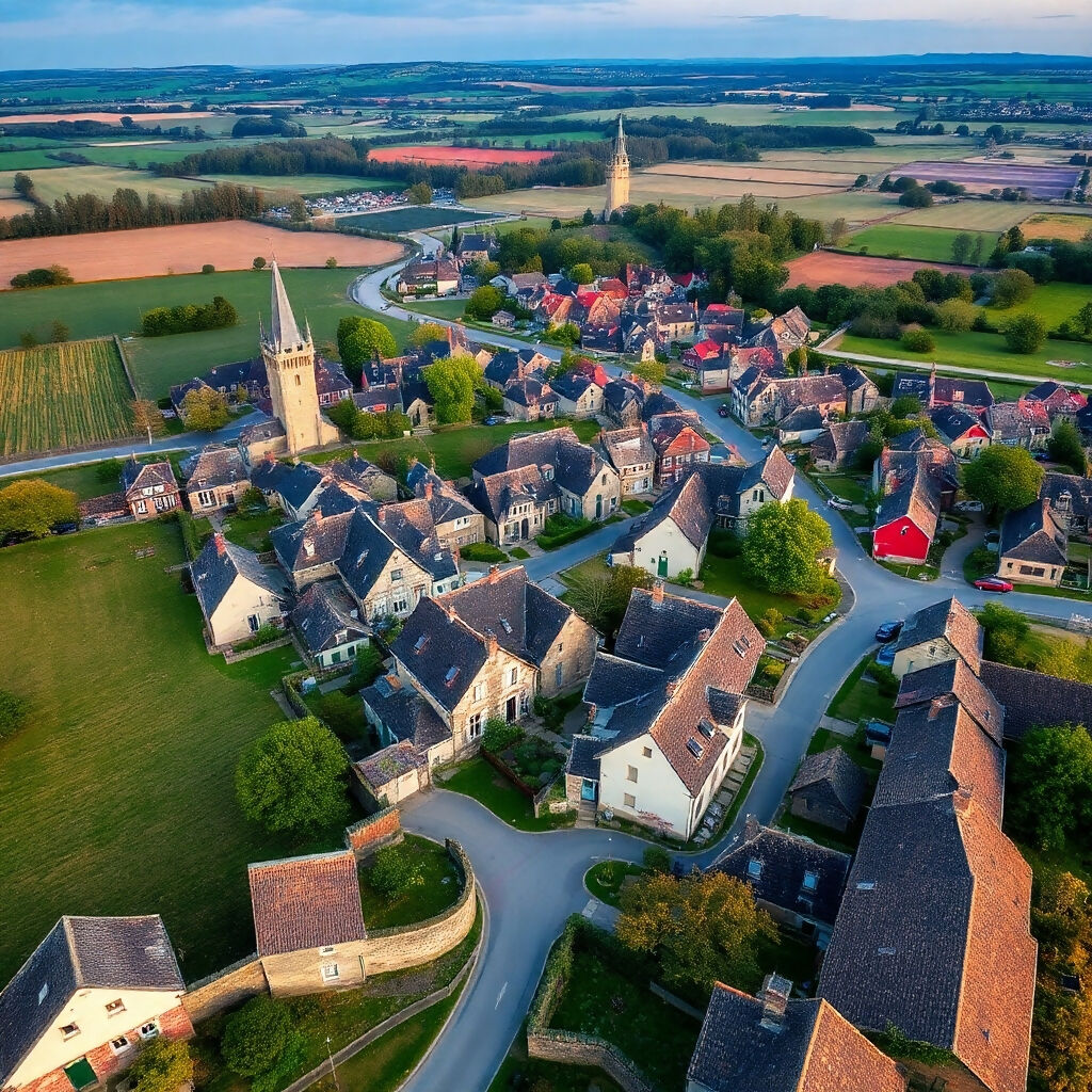 Aerial View of Charming European Village at Sunset