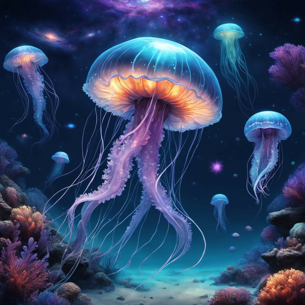 Celestial Jelly Bloom – Surreal AI Art of Glowing Jellyfish in Space