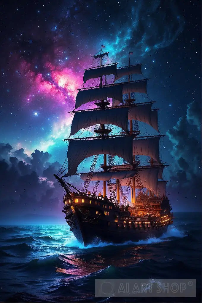 Pirate ship sailing into a bioluminescence sea with a galaxy in the...
