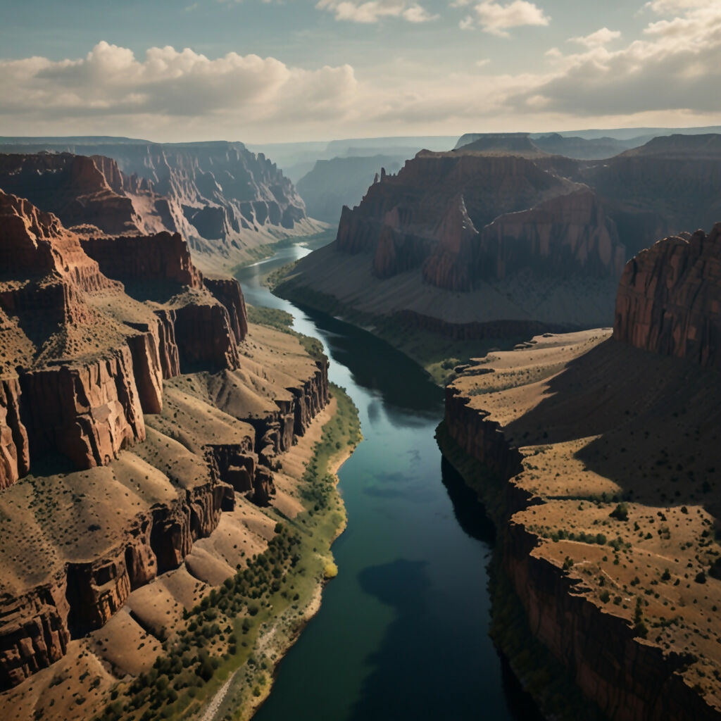 A dramatic canyon with towering rock walls and a winding river at t...