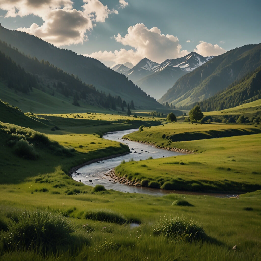 A serene mountain valley with a clear, winding river and lush green me