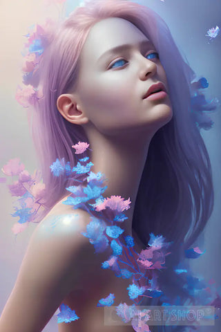 Gorgeous Girl With Pink Hair And Blue Petals Portrait Ai Art