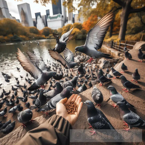 Hand Feeding Pigeons On An Autumn Day In Central Park Ai Artwork