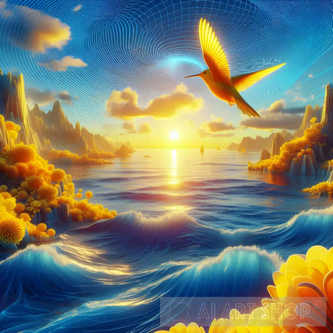 Hummingbird Flying Over The Ocean Ai Painting