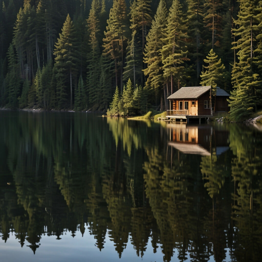 A peaceful lakeside cabin surrounded by pine trees and reflecting i...