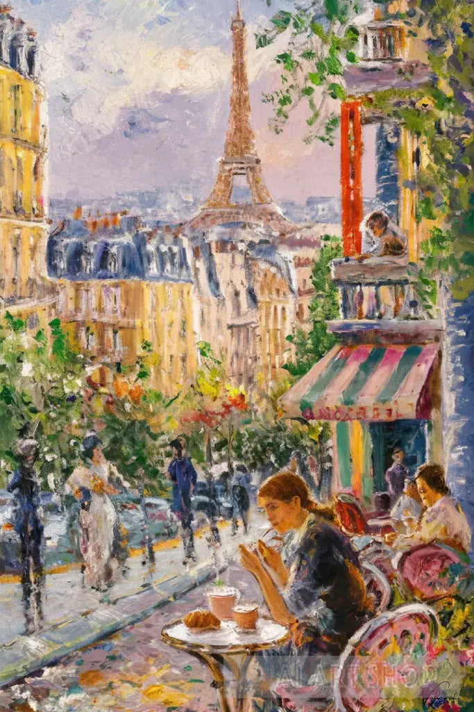 Hand Textured Canvas Print of high quality Impressionist Painting BUS STOP CAFE (Paris) Frame