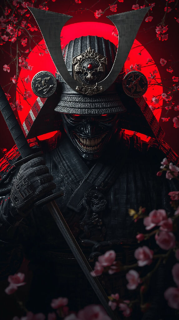 A menacing samurai warrior with a demonic face mask, glowing red ey
