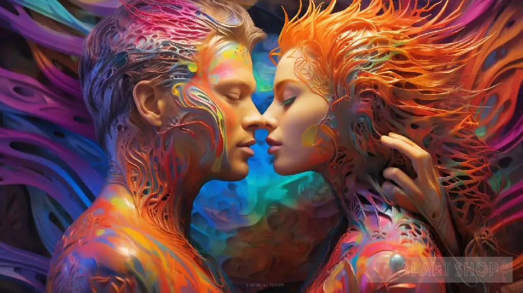 Paar in farbenfroher, surrealer psychedelischer Verbindung