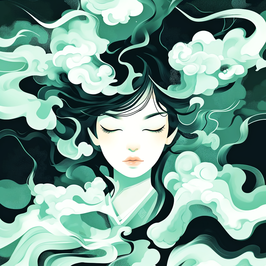 Serene Dreamlike Illustration of a Woman with Flowing Hair and Swir...
