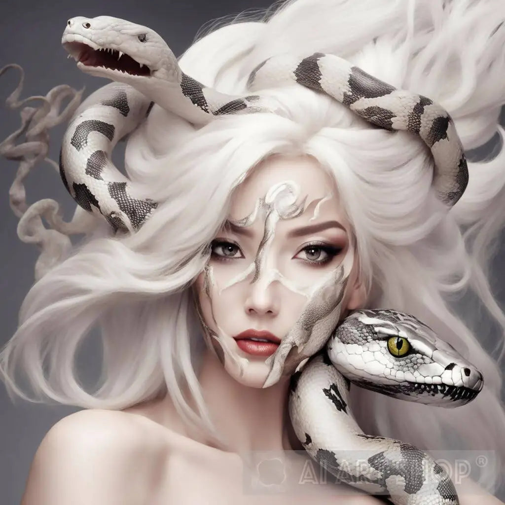 girl with white hair and snakes around her face and head