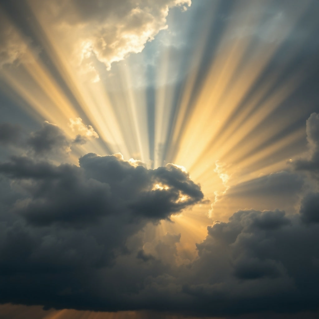 Dramatic Sunbeams Breaking Through Storm Clouds