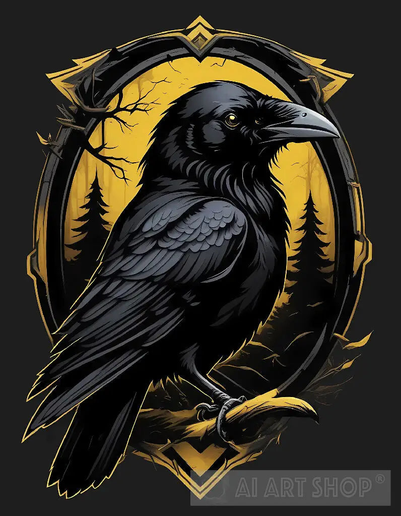Stylized art of a black raven against the background of a magic mirror