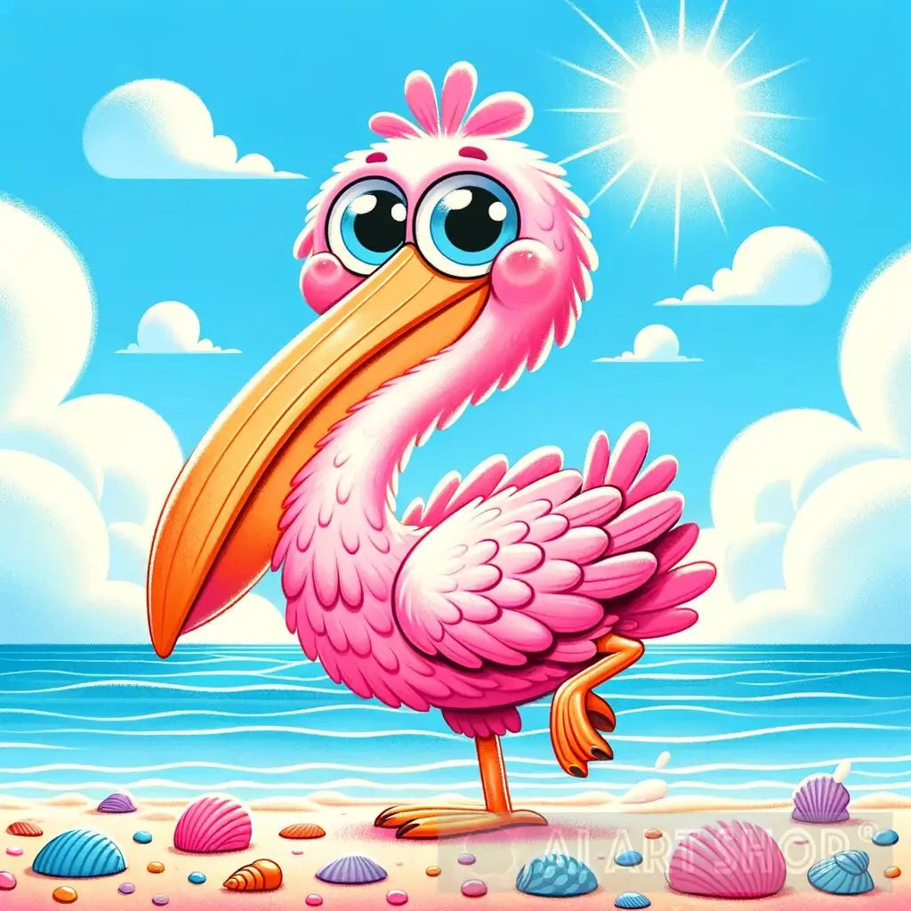 Cartoon Pelican, Pink Feathers, Whimsical Art, Tropical Beach, Seas