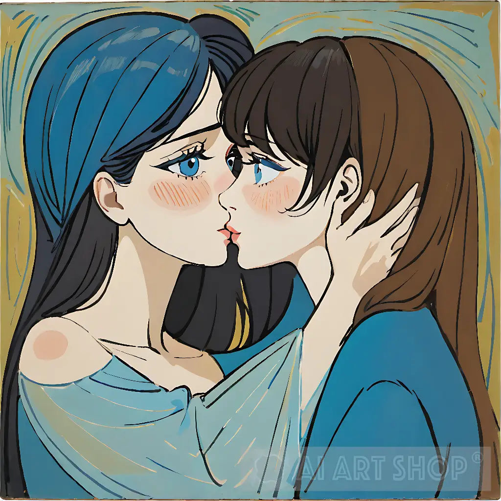 Art, #lesbian, #portrait, #new, kissing, brown hair woman, blue ha...