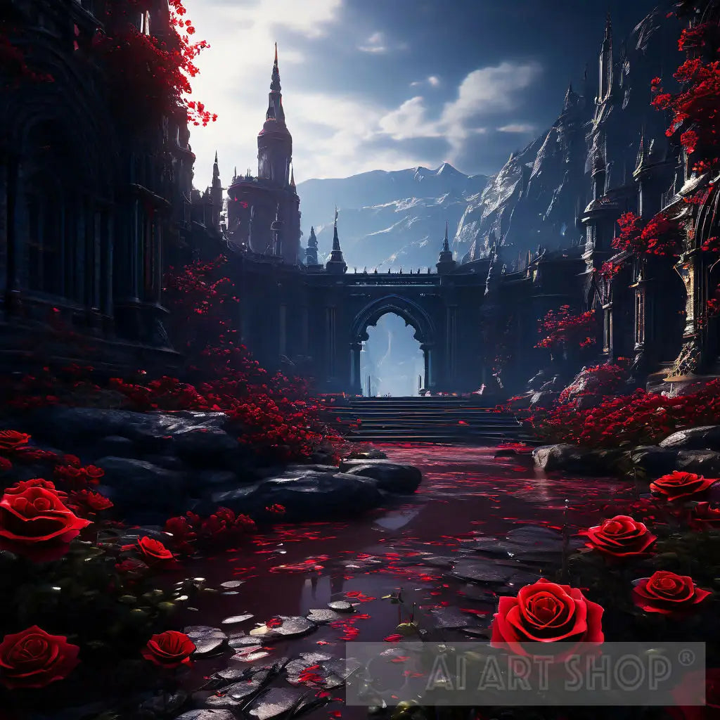 Gothic fantasy digital painting of an ancient city with a crimson r Gothic fantasy digital painting of an ancient city with a crimson r