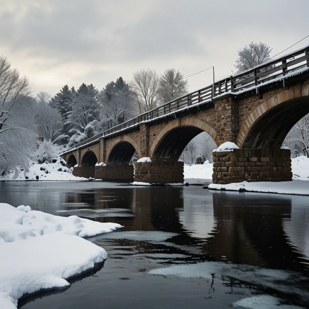 A picturesque bridge covered in snow, spanning a frozen river