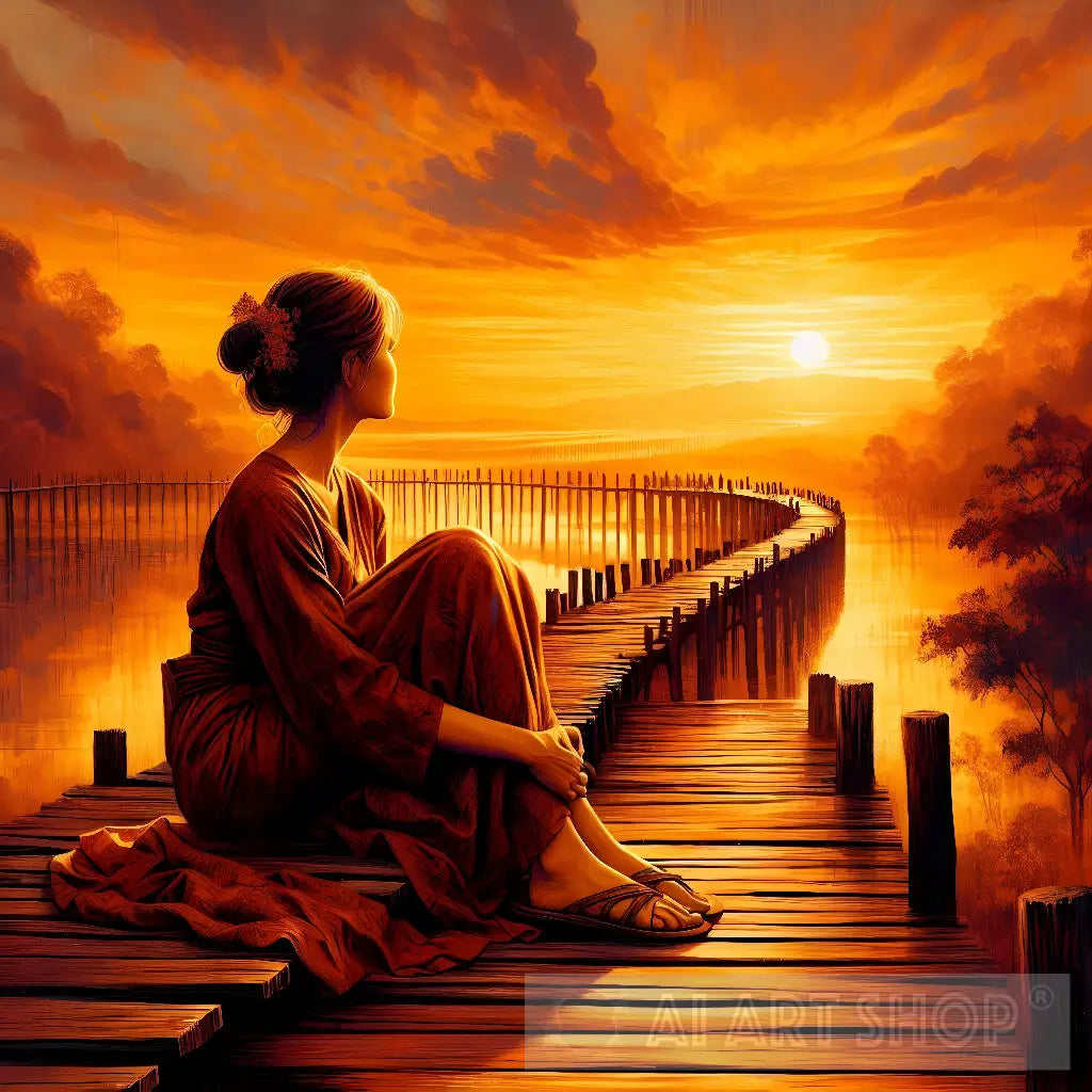 Woman Sitting On Bridge at Sunset - Serene Wall Art | Tranquil Home...