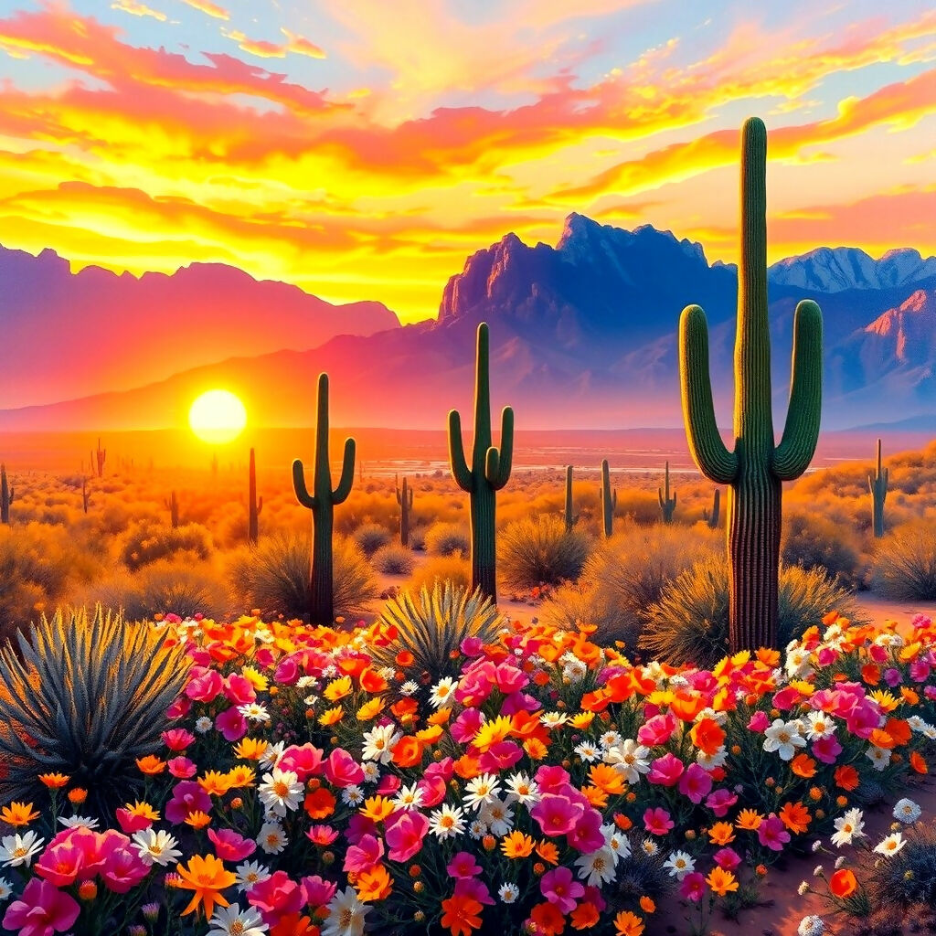 Desert Bloom at Sunset – AI-Generated Landscape with Cacti and Wild...