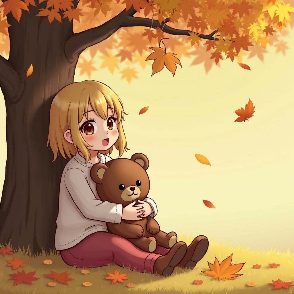 Autumn Girl and Teddy Bear Art Print - Warm and Nostalgic Artwork