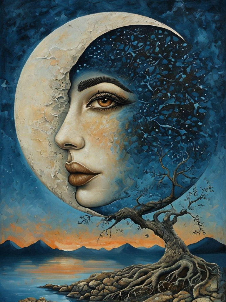A surreal and dreamlike digital painting depicting a woman's fa...