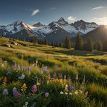 A serene alpine meadow with wildflowers and a backdrop of snow-capped mountains (2)