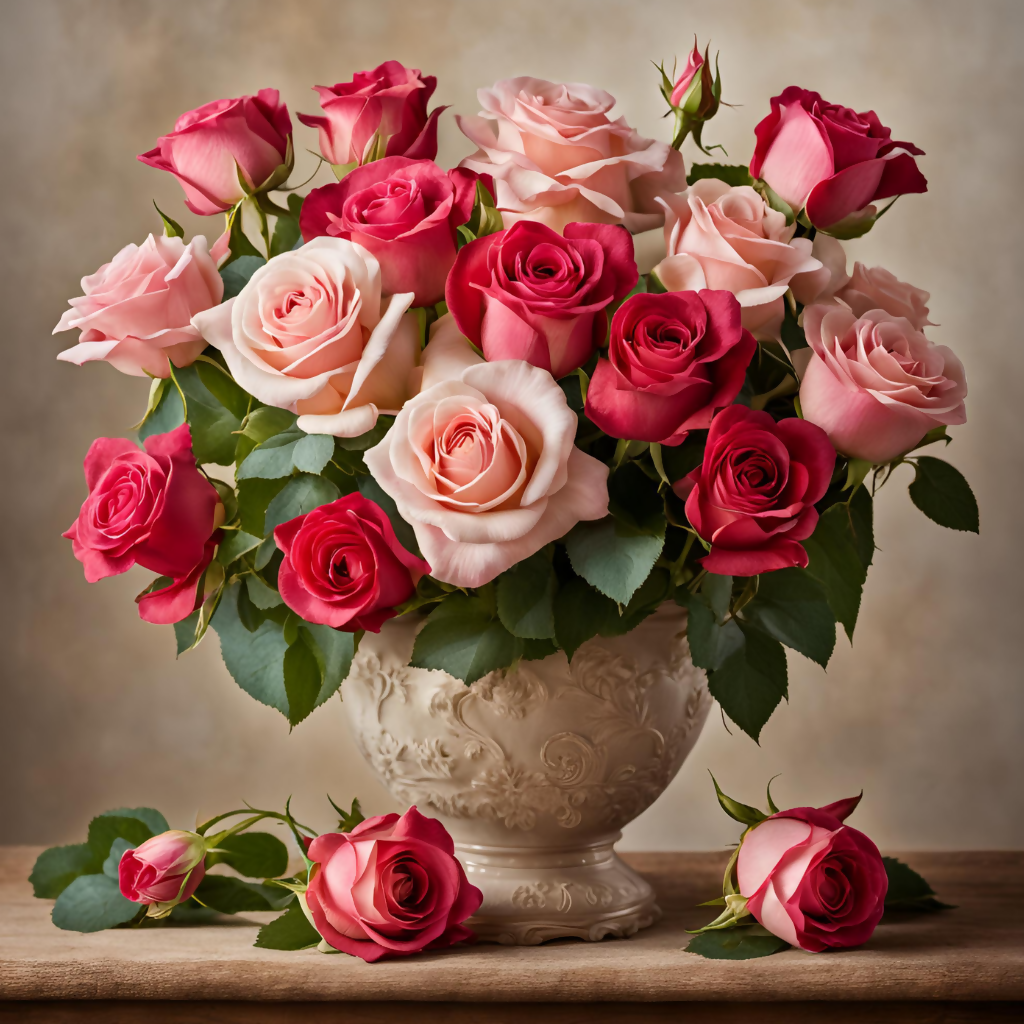 still life roses, roses in the vase, vintage roses