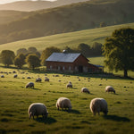 A picturesque countryside with rolling hills, grazing sheep, and a quaint farmhouse (1)