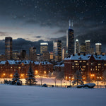 A city skyline with buildings covered in snow and twinkling lights (1)