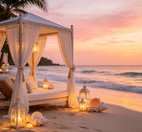 luxury beach sunset photography backdrop with white cabanas and lanterns