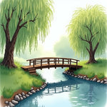 Riverbank with Willow Trees and Wooden Bridge