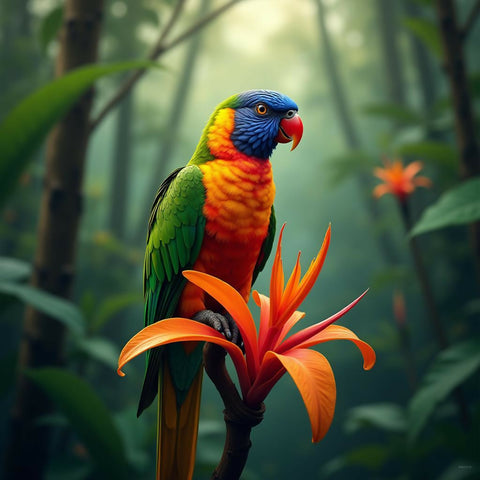 Tropical Parrot and Rainforest Flower Art Print