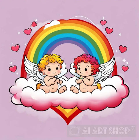 2 Cupids Sitting On A Cloud With Rainbow Ai Artwork