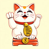 Joyful Waving Lucky Cat with Prosperity Coin - Cute Prosperity Illustration"
