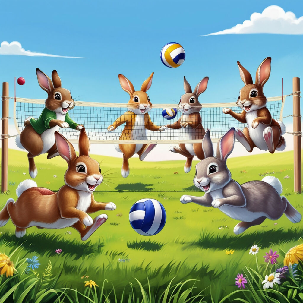 Rabbit In Action Joyful Rabbits Playing Volleyball: Whimsical Meadow Art