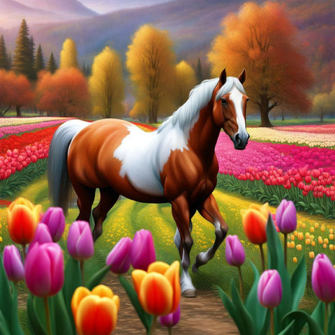 Horse in a Field of Tulips