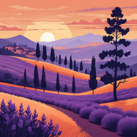 A captivating landscape painting of a lavender field at sunset. The vibrant colors and peaceful atmosphere create a stunning and serene image of nature's beauty.