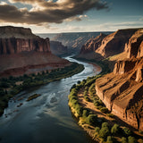 A dramatic canyon with towering rock formations and a winding river below (2)