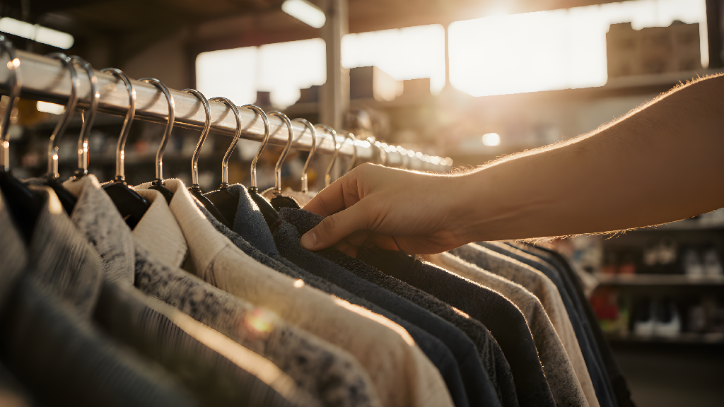 Close-up of Hand Browsing Clothes on Rack in Sunlit Store Lifestyle...