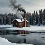 A snowy landscape with a frozen lake and a cozy cabin with smoke rising from the chimney (1)