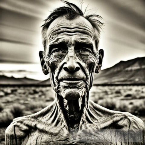 3583184798_Emaciated Wrinkled Old Man In The Desert Black & White Contemporary Ai Art